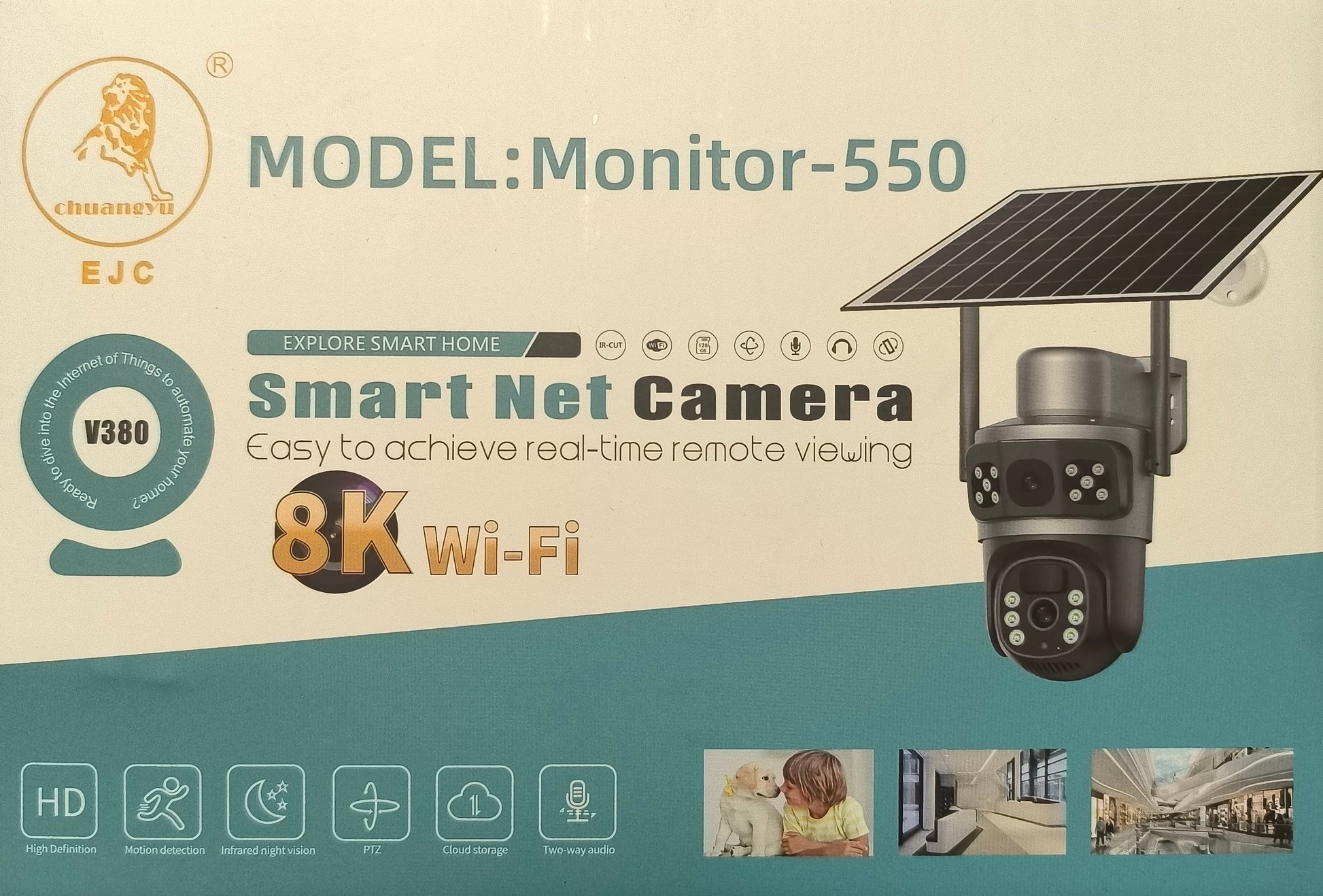 Box of a smart net camera with solar panel on a wooden surface