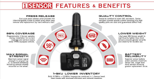 Autel TPMS 1 Sensor (Press-in) (315MHz / 433MHz) | Universal Programmable Tire Pressure Monitoring MX-Sensor